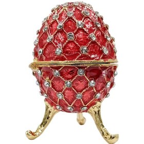 Resim Faberge Yumurta Swarovski Taşlı Lüks Mücevher Kutusu Kırmızı 10 c 