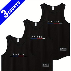 Resim 3 adet Erkek Paris Baskılı Kolsuz Atletik Tank Top - Hızlı Kuruyan, Nem Çekici, Nefes Alabilen Fileli Yelekler Koşu, Eğitim ve Sporlar için - Hafif Polyester, Bol Kesim, Tüm Mevsim Giyim, Spor Giyim 