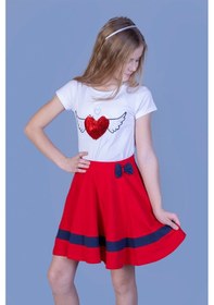 Resim Toontoy Kids Toontoy Kız Çocuk 2'li Takım Pul İşlemeli Bisiklet Yaka T-shirt & Bantlı Fiyonklu Volanlı Etek Kırmızı 