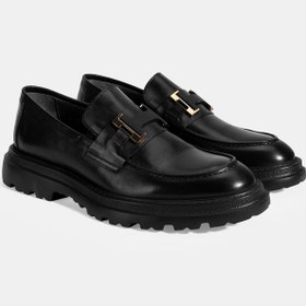 Resim Erkek Siyah Metal Toka Detaylı Deri Loafer 