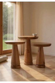 Resim ASELYA HOME Doğal Ahşap 3’lü Set Mantar Yan Sehpa Modern Fiskos Zigon Çiçeklik 