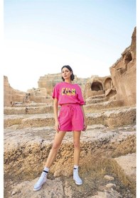 Resim Monamise Kadın Kısa Kollu "calm Down" 3'lü Crop Şort Takımı 23088-pembe Pembe 