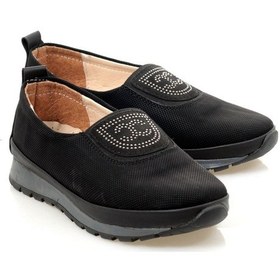 Resim Siyah Hakiki Deri Önü Taşlı Ortopedik Günlük Ayakkabı Siyah 