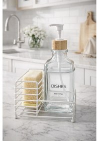 Resim Metal Stantlı Bambu Kapaklı Cam Sıvı Sabunluk/deterjanlık, 500 Ml, 15 8,5 23 Cm Beyaz - Şeffaf 
