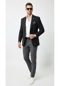 Resim Plus Scorpion Erkek Lacivert Mono Yaka Likralı Blazer Ceket Esnek Konfor Kumaş, Tek Düğmeli Slim Fit Siyah 