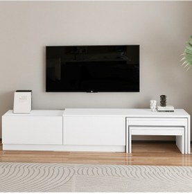 Resim Nest Tv Sehpası Modern Tasarım,2 Kapaklı Depolama Ve İkili Zigon Sehpa İle Fonksiyonel Mobilya Beyaz 