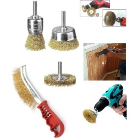Resim 4 Parça Pimli Matkap Için Tel Fırça Seti Saplı Çelik Tel Fırça Silindir Konik Set 