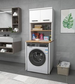 Resim Çamaşır Makinesi Dolabı 3 Raflı Kapaklı Banyo Dolabı Beyaz - Atlantik Çam 