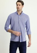 Resim Koyu İndigo Uzun Kol Slim Fit Dar Kesim Keten Görünümlü Pamuk Spor Düğmeli Yaka Gömlek Kigili