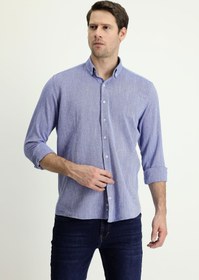Resim Koyu İndigo Uzun Kol Slim Fit Dar Kesim Keten Görünümlü Pamuk Spor Düğmeli Yaka Gömlek 