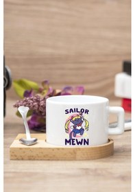 Resim Sailor Mewn Baskılı Ahşap Altlıklı Kaşıklı Kupa Beyaz 