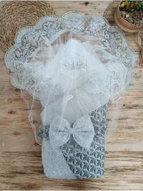 Resim Dantelli Lüks Bebek Kundağı Unisex Bebek Dış Kundak Battaniyesi Hastane Çıkışı Mevlütlük Hediyelik Gümüş 