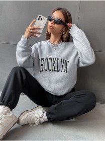 Resim DUBU BUTİK 1898 Brooklyn Eşofman Takımı Gri Sweatshirt Siyah Jogger - Baskılı Oversize Şardonlu Bisiklet Yaka 