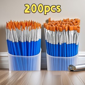 Resim 200 Profesyonel Kalite Akrilik Su Boyası Fırça Seti - Düz ve Yuvarlak Baş Fırçalar, Sentetik Naylon Kıllar, Güçlendirilmiş Bakır Tüp, Tuval, Yüz Boyama, Sanat Yaratımı için Uygun | Büyük Kapasiteli Sanatçı Boyama Araçları 