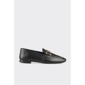 Resim Elle Siyah Deri Kadın Loafer 