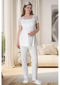 Resim Mecit Pijama Mecit 6010 Ekru Dantelli Hamile Lohusa Pijama Takımı 