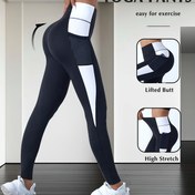 Resim Kadınlar için Yüksek Bel Kalça Kaldırıcı Yoga Pantolonu Yan Cep Detaylı - Renk Bloğu Tasarımı, Siyah ve Mavi Esnek Koşu ve Fitness Taytları Tüm Sezonlar İçin, Spor Taytları | Yüksek Bel Taytları | Şık Görünüm 