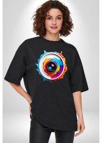 Resim Fotoğraf Makinesi Camera Lens Pamuklu Bisiklet Yaka Unisex Oversize Boyfriend Dijital Baskılı Siyah T-shirt Siyah 