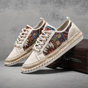 Resim Erkeklerin Trendy Etnik Tarz Düşük Taban Kaykay Ayakkabıları, Rahat Kaymaz Nefes Alabilen Bağcıklı Sneakerlar Erkeklerin Dış Mekan Aktiviteleri İçin 