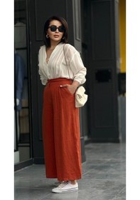 Resim Kremit % 100 Ham Keten Çift Pensli Çift Düğmeli Bol Paça Pantolon Orange 