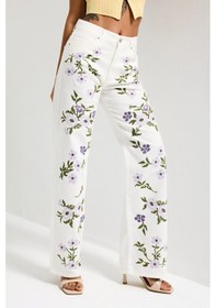 Resim Itsbasic Kadın Kırık Beyaz 7s6-101 Loose Fit Çiçek Desen Nakışlı Özel Tasarım Denim Jean 