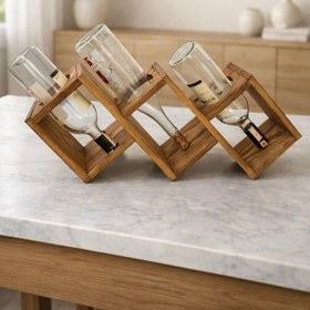 Resim Doğal Ahşap Dokaratif Masa Üstü Moderen Üçlü Şaraplık Standı, Koyu Meşe 
