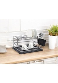 Resim Füme Renk Paslanmaz Alüminyum Bulaşıklık 2 Katlı - Modern Mutfak Tabaklık Lavabo Üstü Raf Füme 