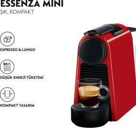 Resim Nespresso D35 Essenza Mini Kırmızı Kahve Makinesi ve Süt Köpürtücü Aksesuar 