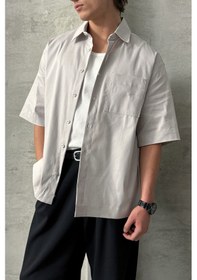 Resim Erkek Oversize Kısa Kol Gabardin Gömlek Bej 