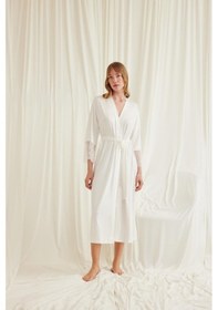 Resim Monamise Kadın Dantelli Ve Kuşaklı Sabahlık 18553-ekru Ekru 