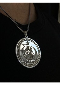 Resim Vog Kayı Boyu Ertuğrul Gazi Portresi Hilal İçinde Göktürkçe Türk Yazılı 925 Ayar Gümüş Kolye Gümüş 