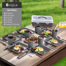 Resim 32 Parça 6 Kişilik Taşınabilir Piknik Seti - Saklama Kutulu Antrasit 