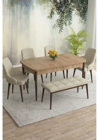 Resim Meri Serisi 80x132 Açılabilir Mdf Meşe Masa Takımı 4 Krem Sandalye 1 Bench Kahve Ayak Krem 