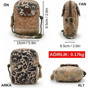 Resim Cappadocia Vintage Kadın Açık Kahverengi Çiçek Desenli Omuz Çantası - Bohem Tarz Mini El ve Telefon Çantası 