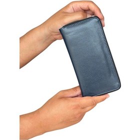 Resim Premium Serisi Lüks Deri Özel Üretim Dikey Telefon Bölmeli Fermuarlı Erkek Cüzdanı Lacivert 