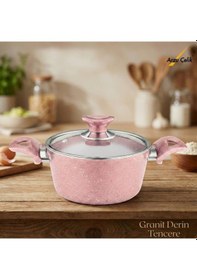 Resim 18 Cm Granit Derin Tencere Cam Kapak - Pembe Pembe 