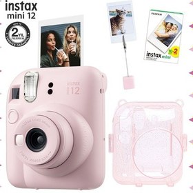 Resim Fujifilm Instax Mini 12 Fotoğraf Makinesi + 20'li Film + Kıskaçlı Resim Standı + Simli Pleksi Kılıf Seti Pembe 