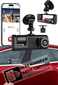 Resim whitetech Süper HD 1080 Wifi Full Hd Araç Içi Kamera Uyumlu Arka Ön ve Iç Kayıt 3 Kamera Cam Sticker Hediyeli 