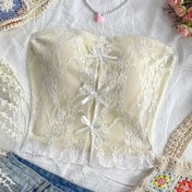 Resim Şık Dantel Kurdele Tank Top - Beyaz ile Bej, Tüm Mevsimler İçin Mükemmel, Romantik Tarz, Tüm Mevsimler İçin Mükemmel|Çiçek Dantel Detayı|Hafif Kumaş 