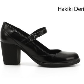 Resim Kadın Siyah Rugan Kalın Topuklu Mary Jane Hakiki Deri Ayakkabı 