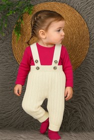 Resim Sparrow Laurel Ekru Renk Önden Düğmeli Askılı Ayarlanabilir Unisex Bebek Triko Salopet Tayt Pantolon 
