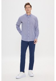 Resim AC&Co / Altınyıldız Classics Erkek Lacivert Comfort Fit Rahat Kesim Düğmeli Yaka Casual Keten Gömlek 4A2022200085LACXL Lacivert 
