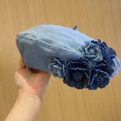 Resim Vintage Çiçek Desenli Beret Şapka - Vintage Mavi Yıkanmış Eskitme Sanatçı Kepi, Kadınlar İçin Hafif Günlük Kullanım 