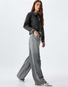 Resim Geniş Paça Kot Pantolon Standart Bel Düğmeli Cepli - Wide Leg Jeans 