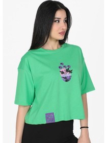 Resim Çiçek Baskılı Crop Model Tshirt Yeşil-yeşil Yeşil 