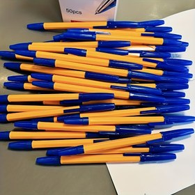 Resim 50 adet turuncu orijinal ince uçlu yuvarlak tükenmez kalem paketi, uzun ömürlü mürekkepli yazma kalemi, ince ucu mavi 