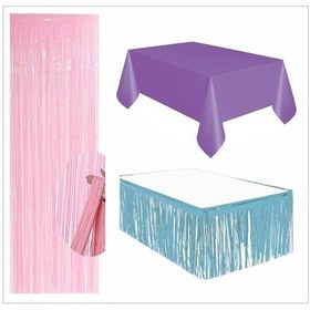 Resim Mor Masa Örtüsü, Mavi Masa Eteği, Pembe Arka Fon 