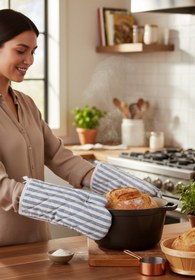 Resim Magic Lady Mavi Beyaz Çizgili Kapitone Yanmaz Fırın Eldiveni 