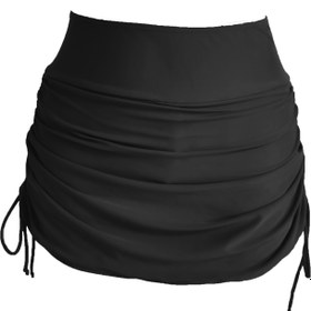 Resim Drawstring Ruched Siyah Yüzme Skorts, Düz Yüksek Esnek Yüzme Altı, Kadınlar Yüzme Giyim & Giyim 