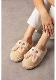 Resim My Tavşan Nakışlı Kadın Ev Terliği Peluş Terlik Çeyiz Ve Bohça Terliği Ses Yapmaz Kalın Taban Camel 